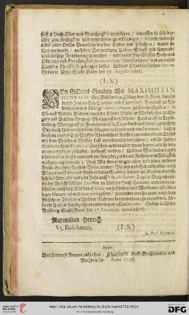 (L.S.) Von GOttes Gnaden Wir Maximilian Henrich Ertz = Bischoff zu Coellen