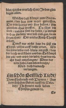 Ein schoen Geistlich Liedt/ || Vom Ehebruch vnd Hurerey/ Aus || dem sechsten Gebot/ auff die Melo=||dey/ Nu frewdt euch lieben || Christen gemein [et]c. ||