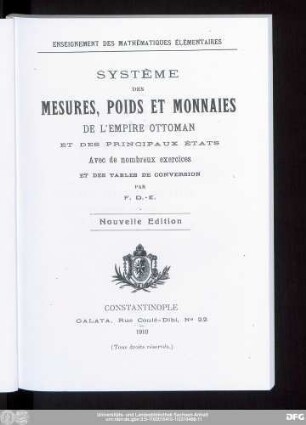 Système des mesures, poids et monnaies de l'Empire Ottoman et des principaux États
