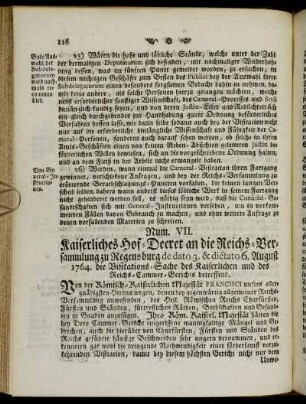 Num. VII. Kaiserliches Hof-Decret an die Reichs-Versammlung zu Regensburg[...]