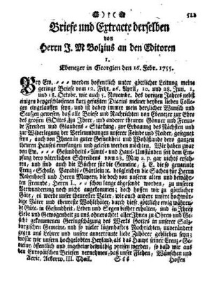 I. Ebenezer in Georgien den 16. Febr. 1755