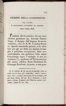 Giudizio della Commissione sui Lavori e Macchine Concorse al Premio nell' anno 1823.