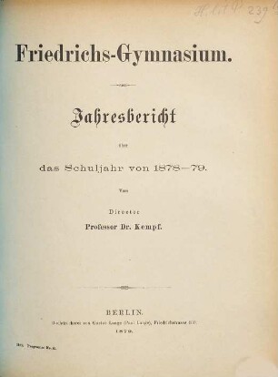 Jahresbericht : über das Schuljahr Ostern .... 1878/79