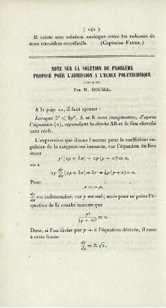Note sur la solution du problème proposé pour l'admission a l'École Polytechnique.