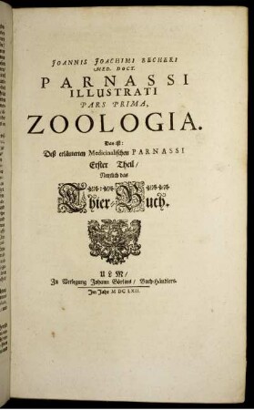 Pars Prima, Zoologia. Erster Theil/ Nemlich das Thier-Buch.