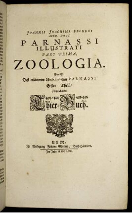 Pars Prima, Zoologia. Erster Theil/ Nemlich das Thier-Buch.