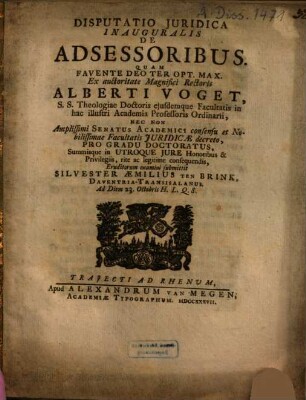 Disputatio Iuridica Inauguralis De Adsessoribus