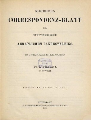 Medicinisches Correspondenzblatt des Württembergischen Ärztlichen Landesvereins. 64. 1894