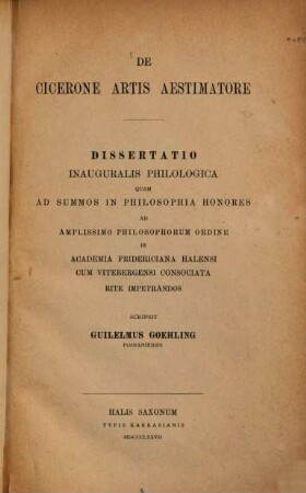 De Cicerone artis aestimatore : (Hallenser Diss.)