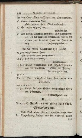 III. Titel und Aufschriften an einige hohe Civil-Standespersonen.