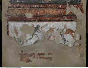 Wanddekoration mit Szenen aus dem Alten und Neuen Testament und Heiligendarstellungen, Sockelzone: Genreszenen (?), Kämpfende Dämonen