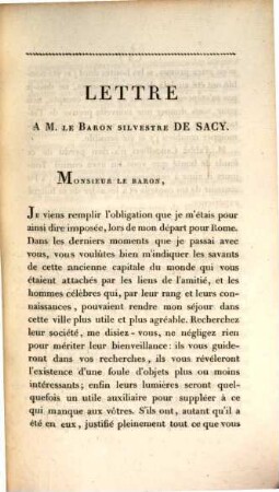 Lettre à M. le Baron Silvestre de Sacy sur la collection de monuments orientaux de S. Exc. M. le Comte de Blacas