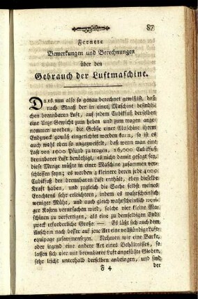 Fernere Bemerkungen und Berechnungen über den Gebrauch der Luftmaschine.