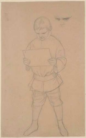 Des Künstlers Sohn Alphons als Knabe, Ganzfigur stehend von vorn mit einem Blatt in der Hand, dazu Detailskizze der Augenpartie