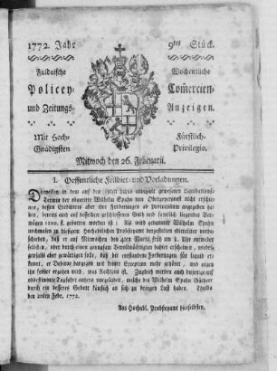 9tes Stück, Ausgabe vom 26. Februarii 1772