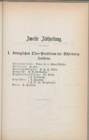 I. Königliches Ober-Präsidium für Schleswig-Holstein.