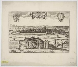 Ansicht von Danzig, Radierung, um 1572 : Dantzigk / [Stecher: Franz Hogenberg. Hrsg.: Georg Braun]. - [Coloniae Agrippiae] : [Auctores] , [ca. 1572]. - 1 Vogelschauansicht : Radierung ; 48 x 33 cm. Titelkartusche oben Mitte. - Erl.-Kartusche unten links. - Mit 2 Wappen. - Mit Figurengruppe im Vordergrund. - Auch ersch. in: Civitates orbis terrarvm, [S.] 220