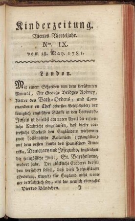 Kinderzeitung. Viertes Vierteljahr. Nro. IX. vom 28. May. 1781.