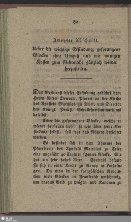 Zweyter Abschnitt. Ueber die wichtige Erfindung, gesprungene Glocken ohne Umguß und mit wenigen Kosten zum Gebrauche gänzlich wieder herzustellen