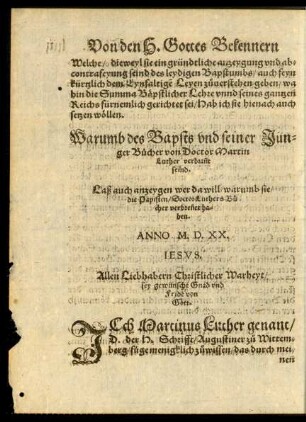 Warumb des Bapsts und seiner Jünger Bücher von Doctor Martin Luther verbrannt seind.