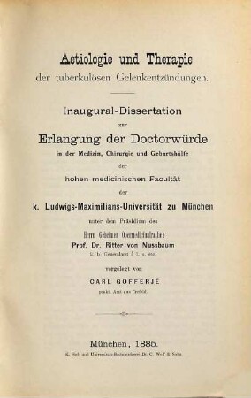 Aetiologie und Therapie der tuberkulösen Gelenkentzündungen