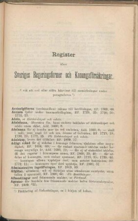 Register öfver Sveriges Regeringsformer och Konungaförsäkringar.