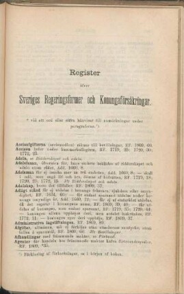 Register öfver Sveriges Regeringsformer och Konungaförsäkringar.