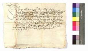 Graf Georg von Hohenlohe entläßt die Untertanen in Ingelfingen, Hermuthausen, Belsenberg, Criesbach, Forchtenberg, Ohrnberg, Künzelsau, Döttingen, Kirchensall, Mainhardtsall, Wohlmuthausen, Neureut, Neufels und weist sie seinem Bruder Albrecht zu; aufgedr. Siegel.