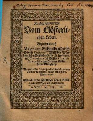Kurtzer Underricht vom clösterlichen Leben