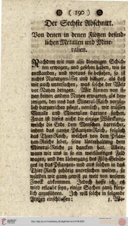 Der sechste Abschnitt. Von denen in den Flötzen befindlichen Metallen und Mineralien