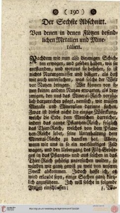 Der sechste Abschnitt. Von denen in den Flötzen befindlichen Metallen und Mineralien
