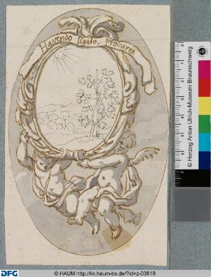 Kartusche mit Emblem "Havendo ligato, produrra" von zwei Putten getragen