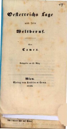 Oesterreichs Lage und sein Weltberuf