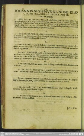 Johannis-Sigismundi, Noni Electoris Brandenburgici, Posteritas, e[x] Coniuge ...
