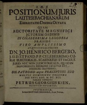Positionum Juris Lauterbachianarum Exercitatio Decima Octava