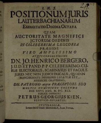 Positionum Juris Lauterbachianarum Exercitatio Decima Octava