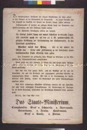 Maueranschlag: Erklärung des Ministeriums Camphausen zur Rückkehr des Prinzen von Preußen nach der Eröffnung der Versammlung der Volksvertreter am 22. Mai; Berlin, 15. Mai 1848
