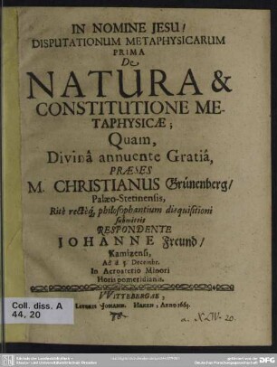 1: De natura & constitutione metaphysicae