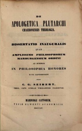 C. G. Seibert, de apologetica Plu ̱tarchi Chaeronensis theologia