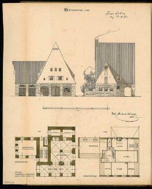 Dorfschmiede mit Spritzenhaus Monatskonkurrenz November 1903: Grundriss Erdgeschoss, Obergeschoss, Aufriss Vorderansicht, Seitenansicht 1:100; Maßstabsleiste