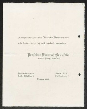 Brief von Heinrich Grünfeld und Richard Andree an Gerhart Hauptmann
