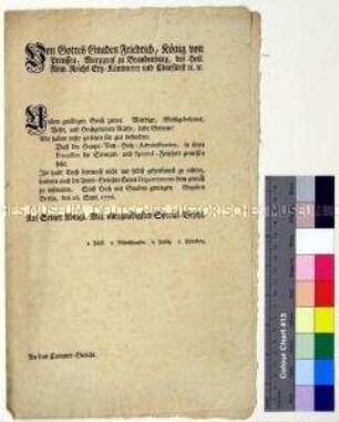 Spezialbefehl von Friedrich II. König von Preußen an das Kammergericht mit Gewährung der Stempel- und Sportulfreiheit (Gebührenfreiheit) für die Hauptnutzholzadministration