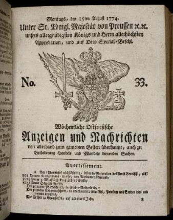 No. 33. Montags, den 15ten August 1774