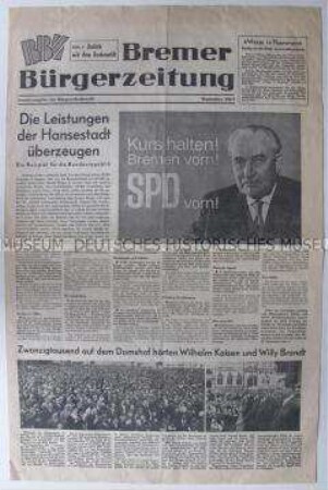Sonderausgabe der sozialdemokratischen Tageszeitung "Bremer Bürgerzeitung" zur Bürgerschaftswahl 1963