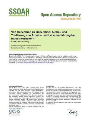 Von Generation zu Generation: Aufbau und Tradierung von Arbeits- und Lebenserfahrung bei Industriearbeitern