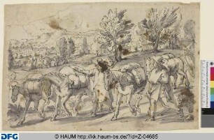 Reisende mit Pferden in einer Landschaft