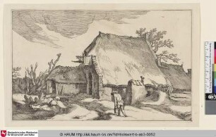 [Bauernhaus nach einem Sturm mit Schilfbündeln links und einem Eimer tragenden Bauern im Vordergrund]