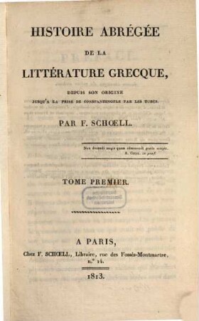 Histoire abrégée de la littérature grecque. P. 1 (1813)