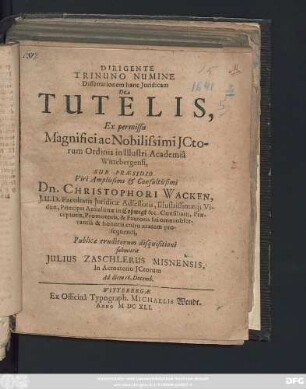 Dissertationem hanc Iuridicam De Tutelis