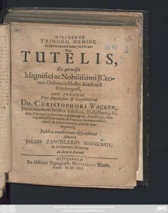 Dissertationem hanc Iuridicam De Tutelis